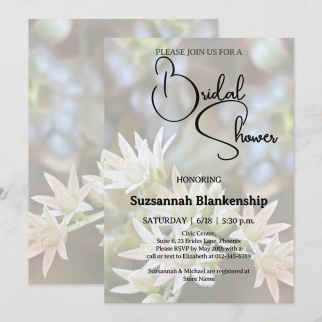 Invitación Suculento fondo floral blanco ducha de novia (Anverso / Reverso)