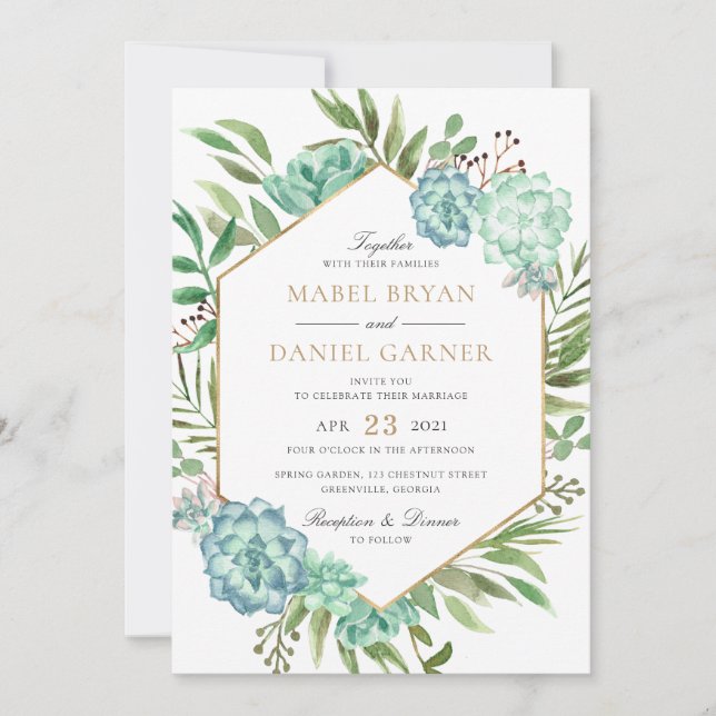 Invitación Suculento Greenery Geométrico Gold Frame Boda (Anverso)