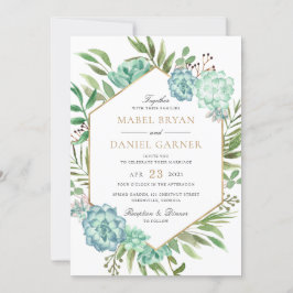 Invitación Suculento Greenery Geométrico Gold Frame Boda