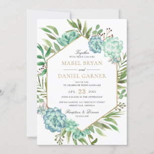 Invitación Suculento Greenery Geométrico Gold Frame Boda