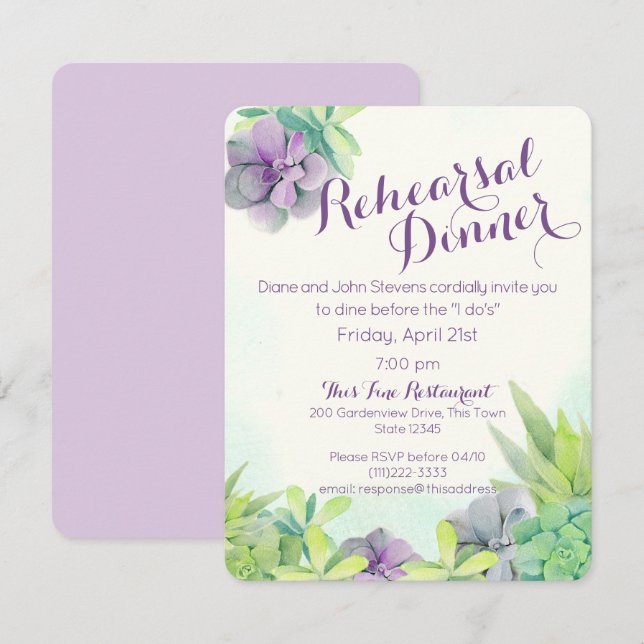 Invitación Suculento Jardín Ensayo Cena (Anverso / Reverso)