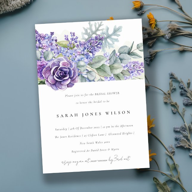 Invitación Suculento Lilac Eucalyptus Fauna Bridal Shower (Subido por el creador)