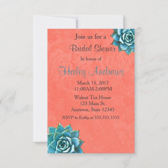 Invitación Suculento Naranja Bridal Shower Watercolor Lace (Anverso)