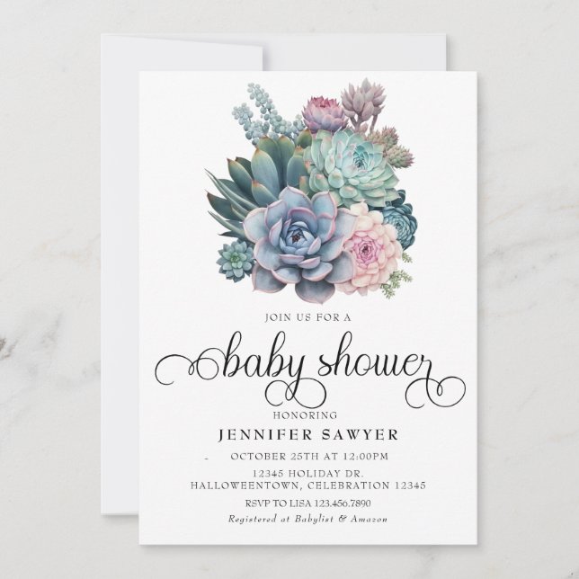 Invitación Suculento | Pastel Baby Shower (Anverso)