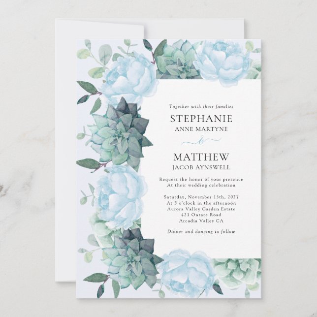 Invitación Suculento Peony Eucalyptus Dusty Blue Boda (Anverso)