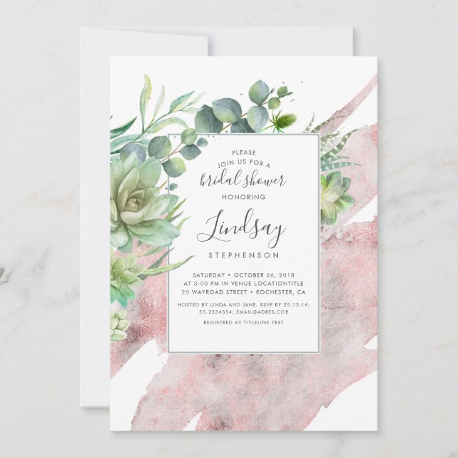 Invitación Suculento Rosa de verde Relieve metalizado dorado  (Anverso)