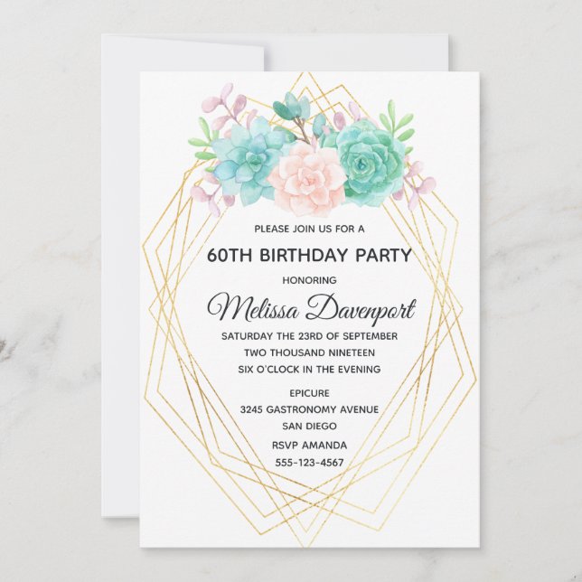 Invitación Suculento rosa y verde moderno Cumpleaños de color (Anverso)