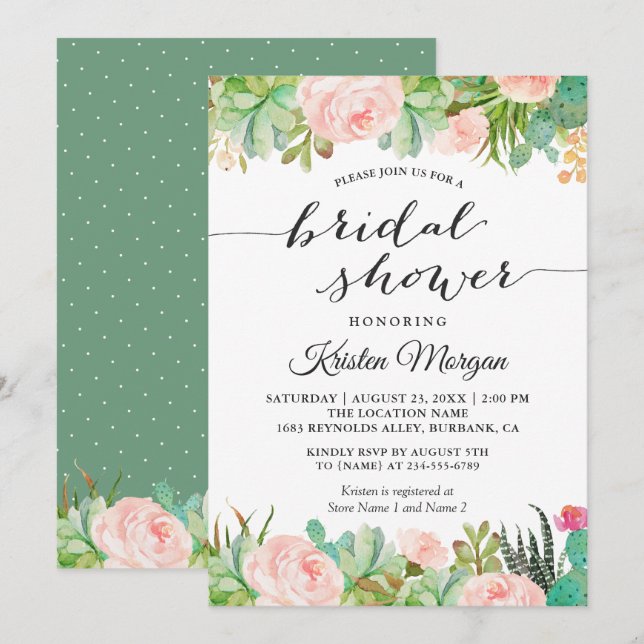 Invitación Suculento Rústico Cactus Floral Bridal Shower (Anverso / Reverso)