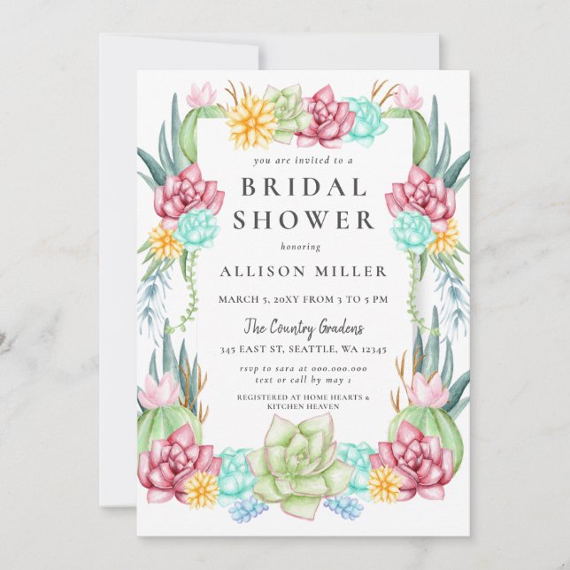 Invitación Suculento Rústico Cactus Rosa Floral Bridal Shower (Anverso)
