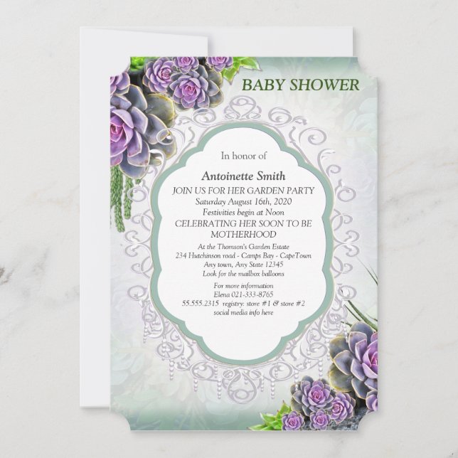 Invitación Suculento Sea Green, violeta Bouquet Baby Shower (Anverso)