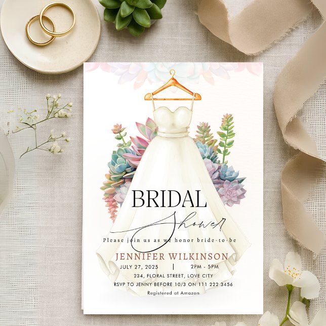 Invitación Suculento verde Boda de salvia con ducha de novia (Succulent Greenery Sage Wedding Gown Bridal Shower Invitation)
