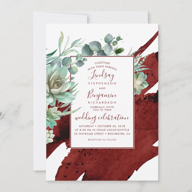 Invitación Suculento verde Borgoña Boda moderno rojo (Anverso)