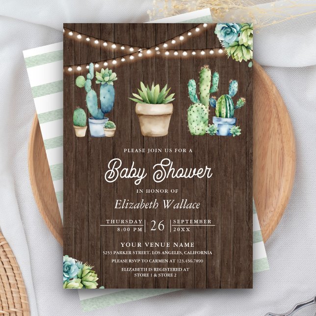 Invitación Suculento verde Cactus Pots Wood Baby Shower (Subido por el creador)