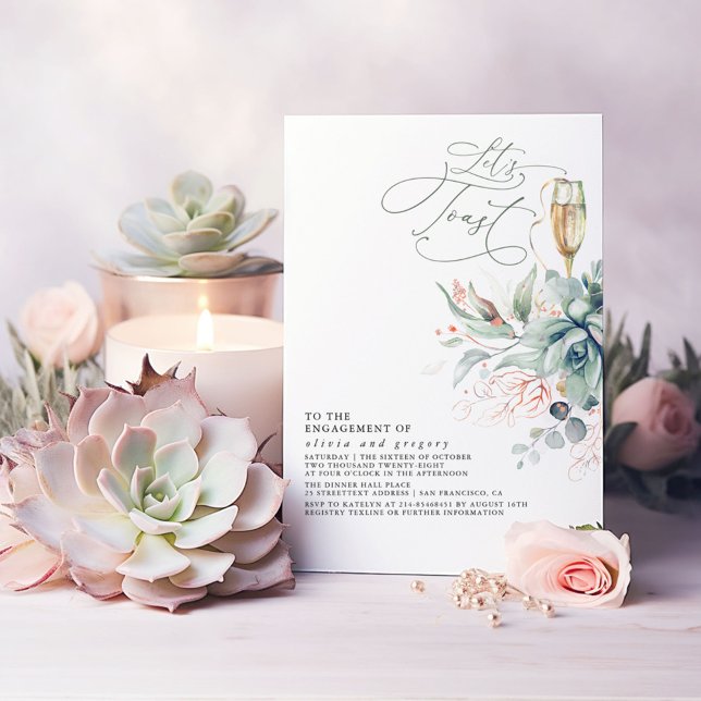 Invitación Suculento verde Elegante Partido de Compromiso de  (Greenery and Pink Gold Elegant Engagement Party Invitation Let's Toast)