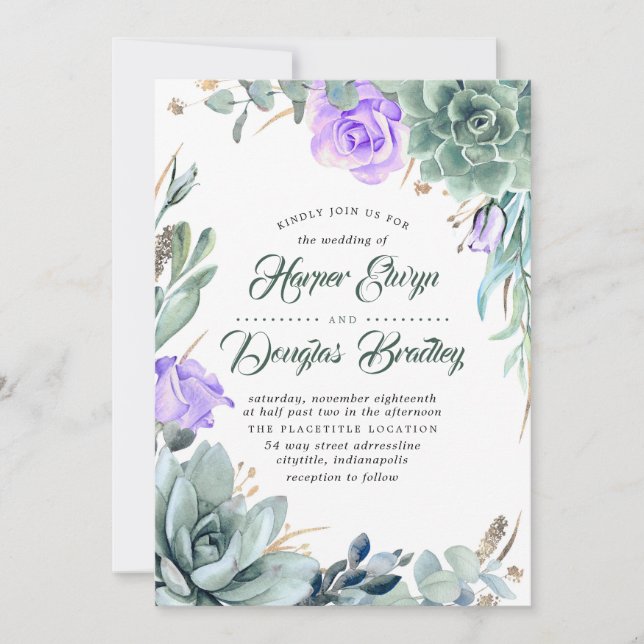 Invitación Suculento verde Morado Floral Moderno Boda (Anverso)