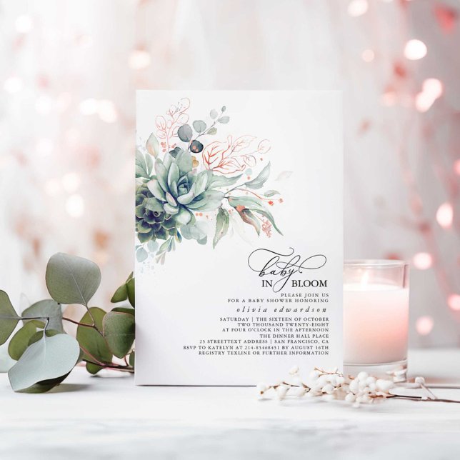 Invitación Suculento verde Oro rosa deja Baby Shower (Baby in Bloom Succulents Greenery Pink Gold and Sage Baby Shower Invitations)