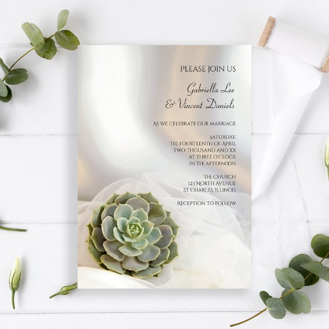 Invitación Suculento verde sobre el Boda blanco (Subido por el creador)
