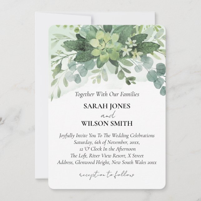 Invitación Suculento verde suave Boda Floral Botánica (Anverso)