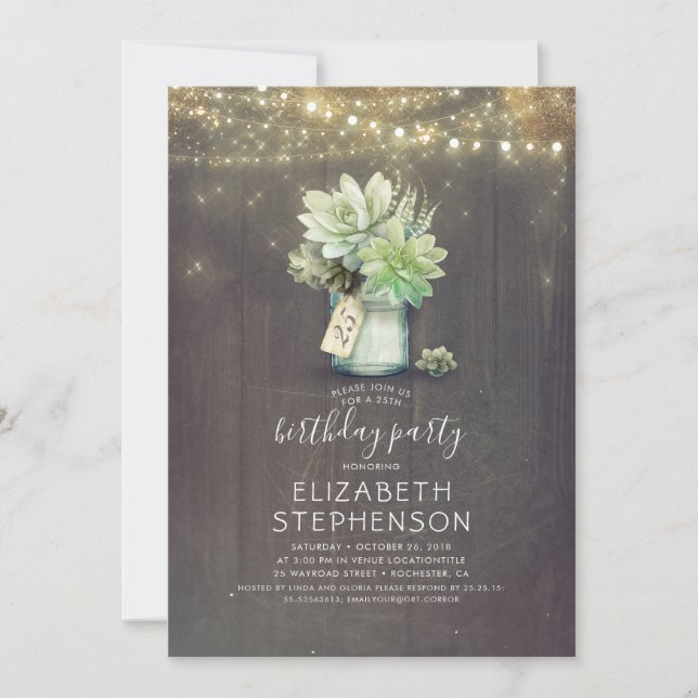 Invitación Suculento Verdor Mason Jar Cumpleaños Rústico (Anverso)