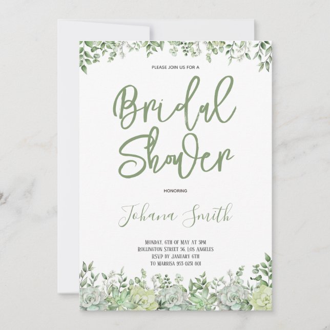 Invitación Suculento y Eucalyptus Greenery Bridal Shower In (Anverso)