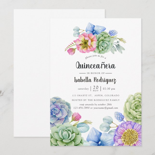 Invitación Suculento y moderno Floral Quinceañera (Anverso / Reverso)