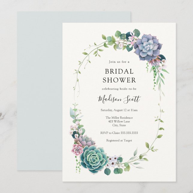 Invitación Suculento y verde marco de ducha de novia (Anverso / Reverso)