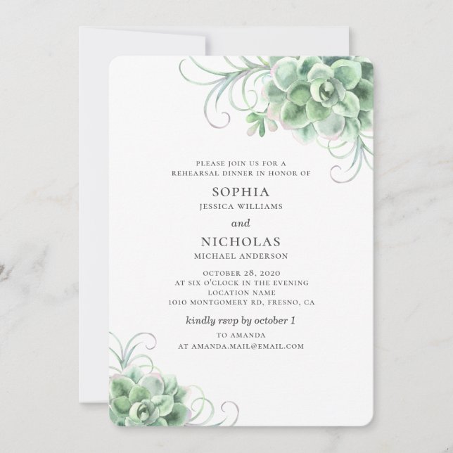 Invitación Suculentos acuarelas boda cena de ensayo (Anverso)