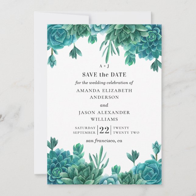 Invitación Suculentos acuarelas. Cactus florales de boda azul (Anverso)