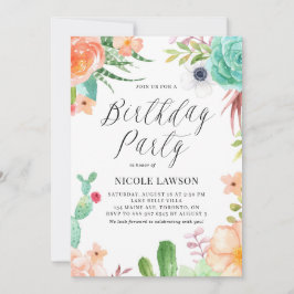 Invitación Suculentos acuarelas y flores Fiesta Cumpleaños