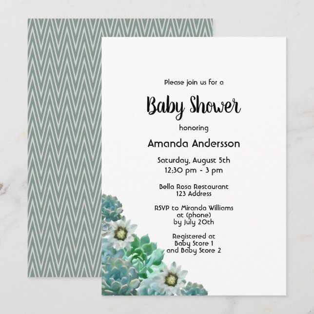 Invitación Suculentos Baby Shower flores cati verde blanco (Anverso / Reverso)