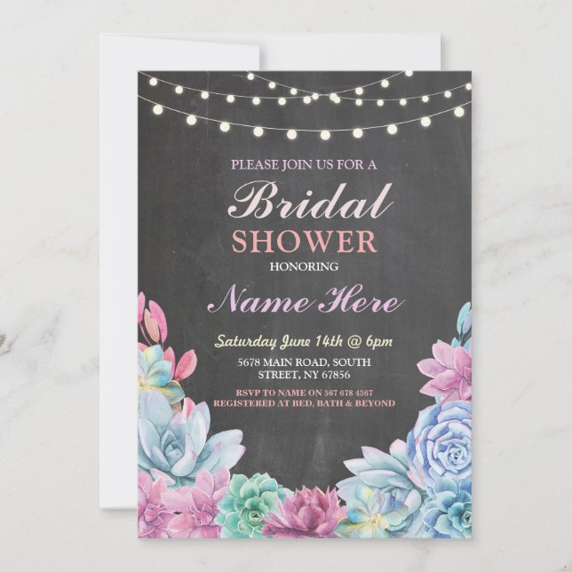 Invitación Suculentos Bridal Shower Rustic Chalk Light Invita (Anverso)