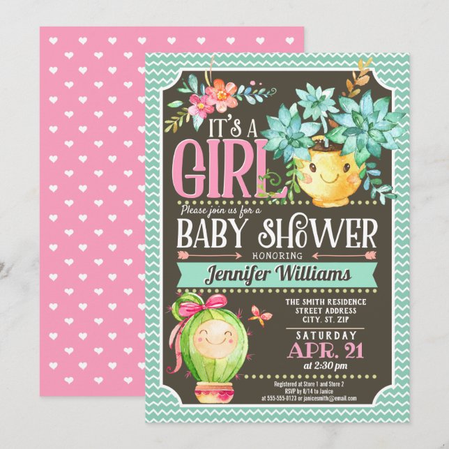 Invitación Suculentos, Cactus Chica Garden Baby Shower (Anverso / Reverso)