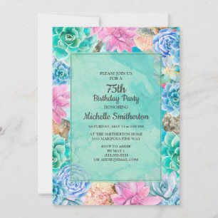 Invitación Suculentos de Floral Verde Rosa Azul 75º cumpleaño