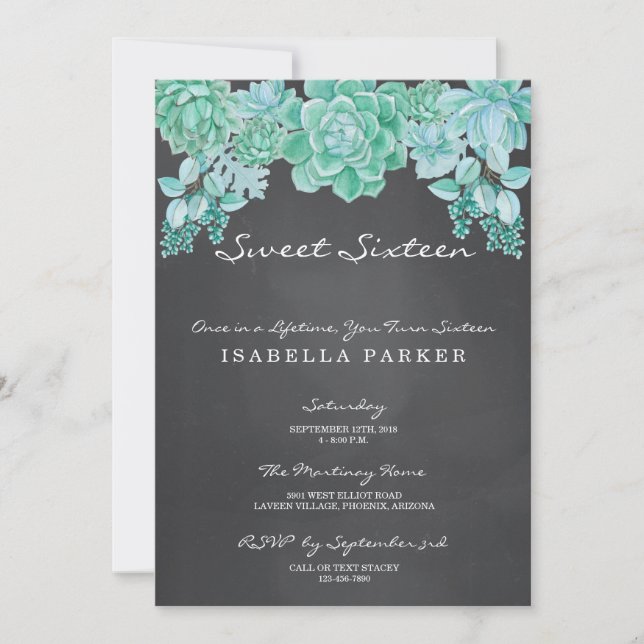 Invitación Suculentos en Chalkboard Sweet 16 Fiestas (Anverso)
