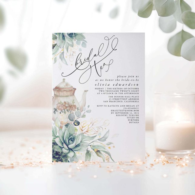 Invitación Suculentos Fiesta de té de lluvia dorada de duchas (Succulents Greenery Bridal Tea Party Invitations)