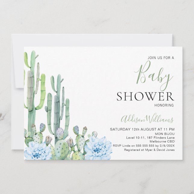 Invitación Suculentos Florales Bebés Azules Cactus Baby Showe (Anverso)