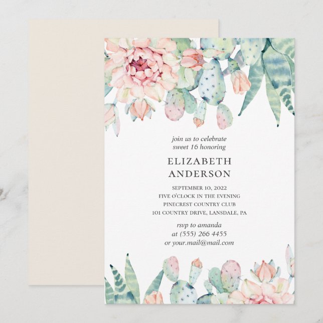 Invitación Suculentos florales Dulce 16. Cactus, 16 años (Anverso / Reverso)
