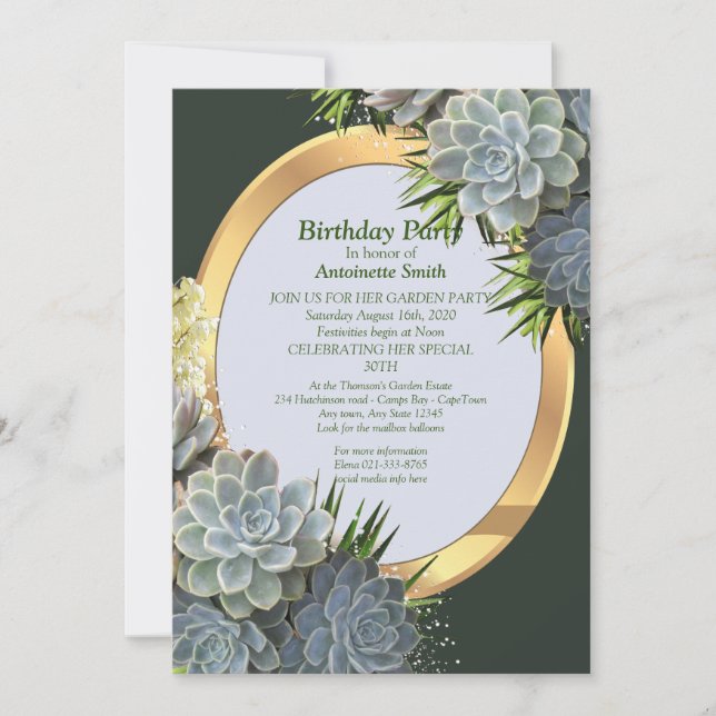Invitación Suculentos Hues de Blues Pale Cumpleaños (Anverso)