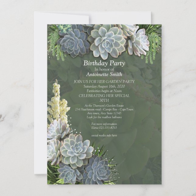 Invitación Suculentos Hues de Blues Pale Cumpleaños (Anverso)
