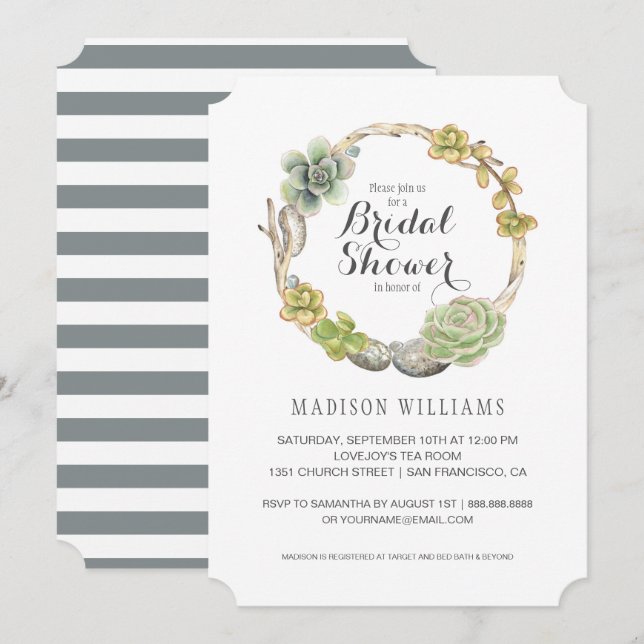 Invitación Suculentos, pelucas y piedras | Bridal Shower (Anverso / Reverso)