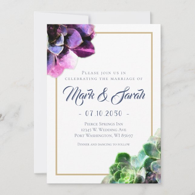 Invitación Suculentos púrpura con Boda de línea de Tan de tex (Anverso)
