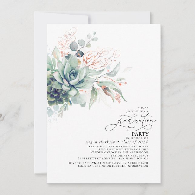 Invitación Suculentos Rosa de verde de oro deja graduación (Anverso)