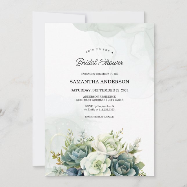 Invitación Suculentos, rosas blancas y vegetación Ducha de No (Anverso)