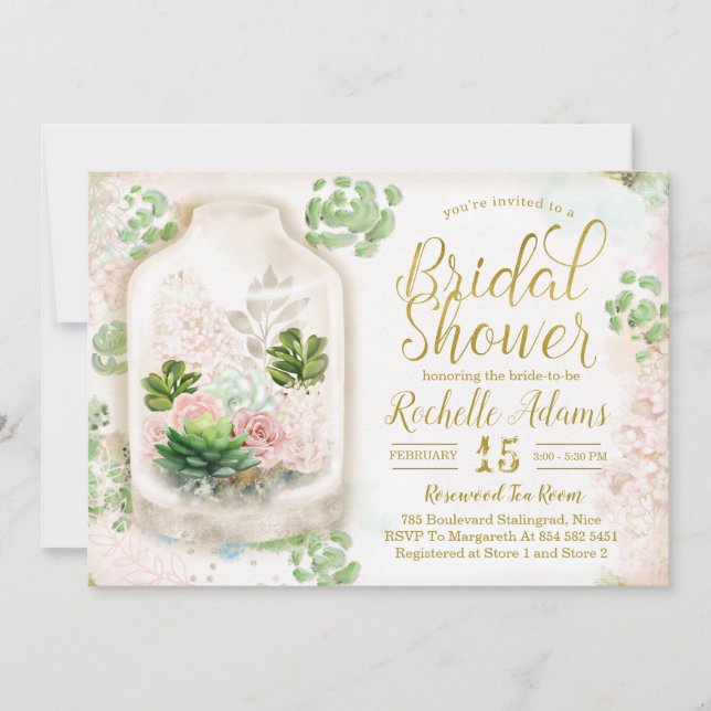 Invitación Suculentos Terrario Floral Ducha Botánica Bridal (Anverso)
