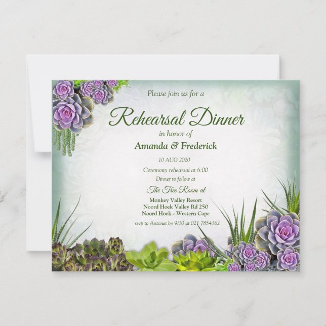 Invitación Suculentos tonos de verdes y cena de ensayo violet (Anverso)