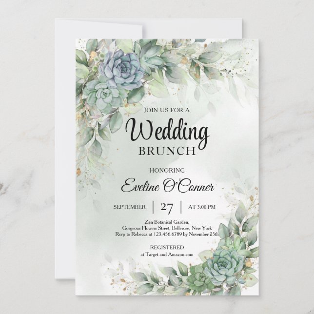 Invitación Suculentos verdes y brunch boda de eucalipto (Anverso)