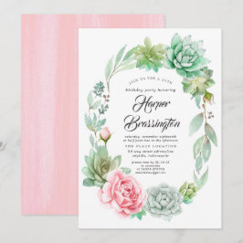 Invitación Suculentos Wreath Floral Pink Cute Cumpleaños