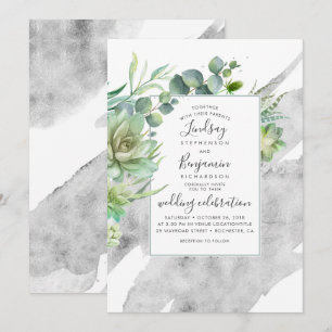 Invitación Suculentos y Boda de acuarela elegante plateado