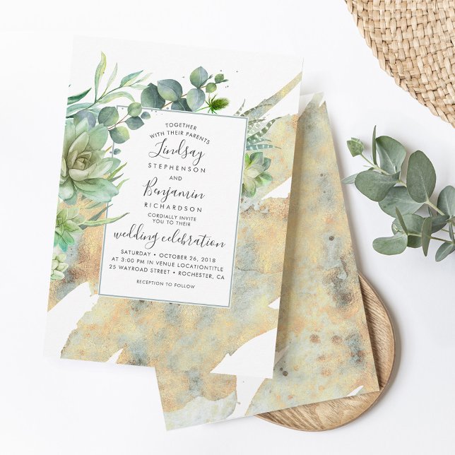 Invitación Suculentos y Boda de acuarela Gold Elegant (Subido por el creador)