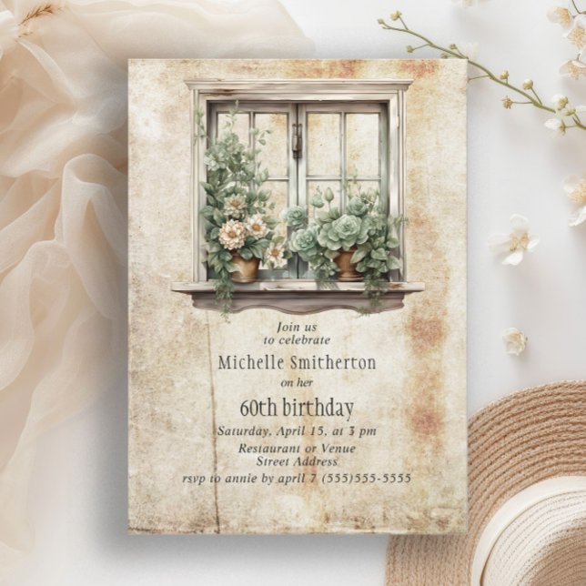 Invitación Suculents Window Garden Rústico 60 cumpleaños (Rustic succulent garden 60th birthday party invitation)